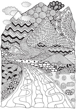 Long Road And Mountains. Zentangle Landscape. Anti Stress Coloring Book Page For Adult. Black And White Vector Illustration. Zen Art, Doodle Style.