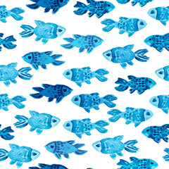 Bright seamless pattern with fishes. Watercolor hand drawn kids illustration. Hand drawn seamless pattern (tiling) with Fishes. Doodle style.  .Isolated objects on a white background. 