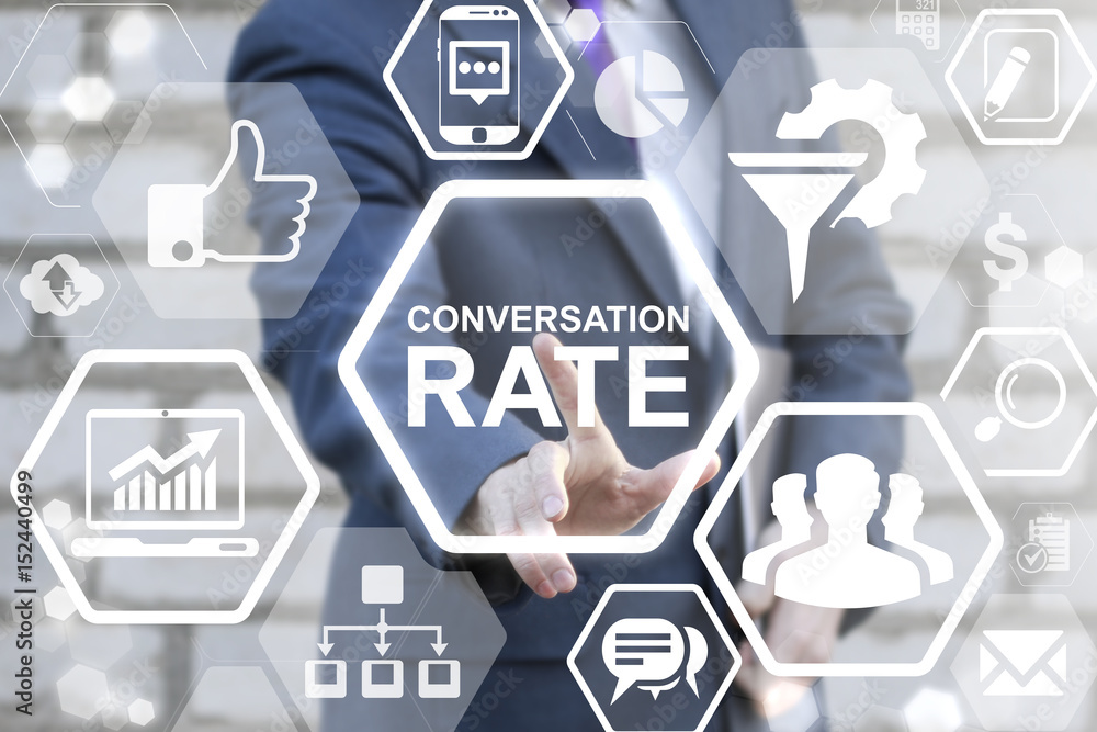 Poster conversion rate optimization communication business social network internet marketing concept. man p
