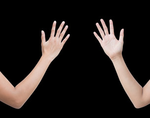 The right back and front side hand of the woman show Rock Paper Scissors sign for find the winners fair in the game. show paper sign. isolated on black background.