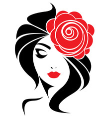 women long hair style icon, logo women face on white background