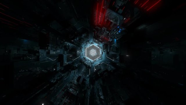 Dark high-tech Hexagonal 3D Tunnel Seamless Looping Video. 