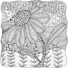 Flower in Zentangle style. Vector. Black and white. Artistically ethnic abstract background. Hand-drawn, floral, retro, doodle, vector, zentangle design elements. Adult coloring book page.