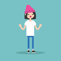 Young yelling furious girl with clenched fists  / flat editable vector illustration