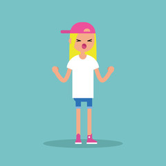 Young yelling furious girl with clenched fists  / flat editable vector illustration