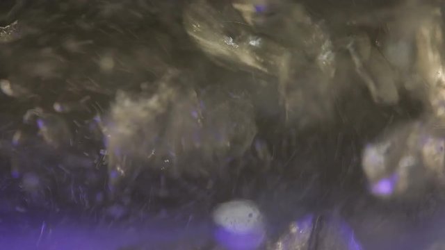Macro shot of boiling water in kettle with purple light. Slow motion in four times.