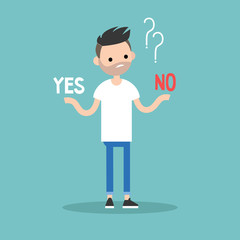 Difficult decision. Yes or no. Conceptual illustration. Young bearded man tries to choose the right answer. Editable flat vector clip art.