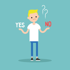 Difficult decision: Yes or no. Conceptual illustration. Young blond boy tries to choose the right answer. Editable flat vector clip art.