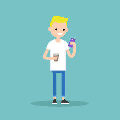 Young blond boy texting on his smartphone and holding a cup of take away coffee / flat editable vector illustration