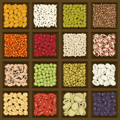 Dried legumes and cereals in a brown wooden storage box