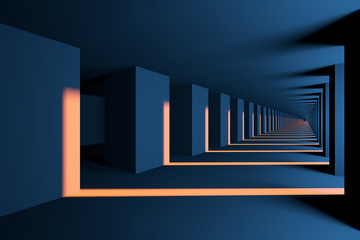 design element. 3D illustration. rendering. futuristic interior. empty corridor at sunset