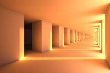design element. 3D illustration. rendering. futuristic interior. empty corridor at sunset