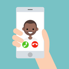 Hand holding a smart phone. Incoming call from young black boy/ flat vector illustration