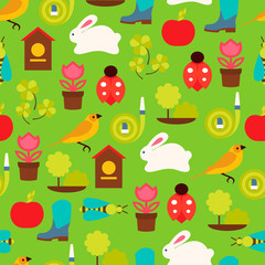 Vector seamless pattern of spring symbols and garden tools