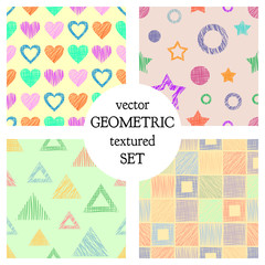 Set of seamless vector geometrical patterns with different geometric figures, forms. pastel endless background with hand drawn textured geometric figures. Graphic vector illustration