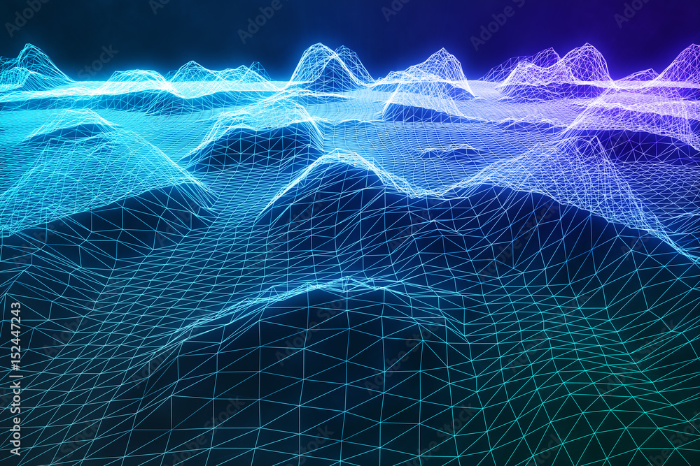 Poster 3d illustration abstract digital wireframe landscape. cyberspace landscape grid. 3d technology. abst
