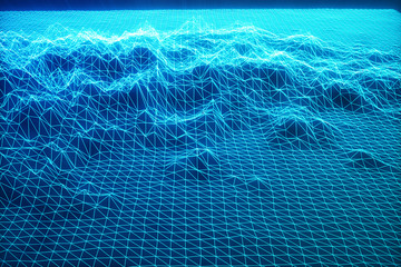 3D illustration landscape background. Cyberspace landscape grid. 3d technology. Abstract blue landscape on black background with light rays.