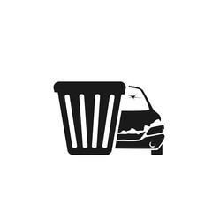 Car recycling flat image, black and white garbage bin icon and broken car
