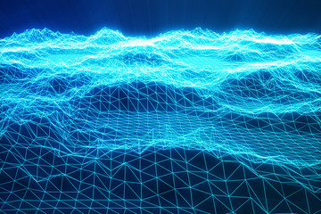 3D illustration landscape background. Cyberspace landscape grid. 3d technology. Abstract blue landscape on black background with light rays.