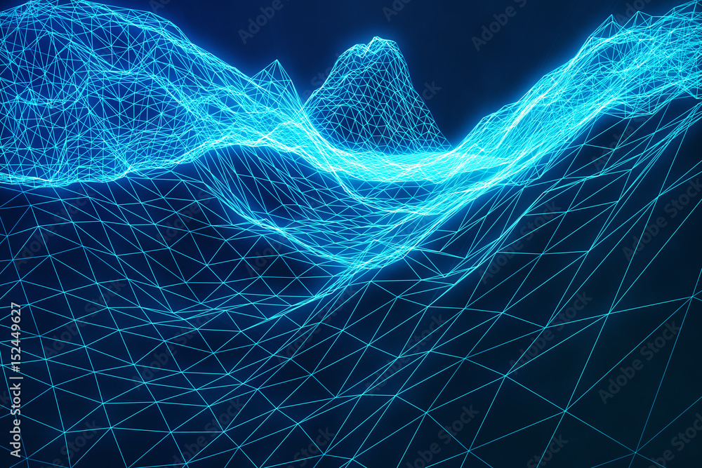 Poster 3d illustration abstract digital wireframe landscape. cyberspace landscape grid. 3d technology. abst