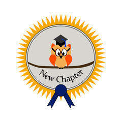 Graduation with an owl and on an award seal and text New Chapter
