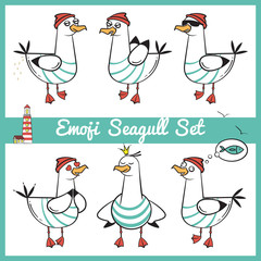 Fototapeta premium Emoji seagull vector set with lighthouse. Part 2