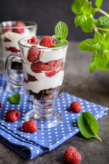 Delicious layered raspberry trifle in a glass jar