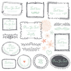 Hand drawn frames, flowers, floral dividers and design elements. Vector illustration.