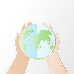 Ecology concept. save world or earth vector illustration, Hands try to holding The earth with Happy Earth Day text	