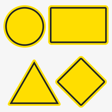 Empty warning sign templates set. Triangle, square or rhombus, round and rectangle shapes. Yellow orange color with black frame.