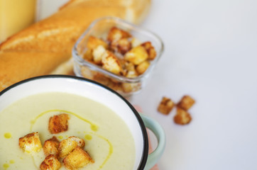 Bowl of vegetable soup. Cauliflower soup puree with croutons.