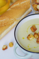 Bowl of vegetable soup. Cauliflower soup puree with croutons.