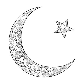 Vector silhouette of star and crescent in black isolated on white background. Symbol of Islam with ornate motif in contour style for Ramadan. Islamic decor for Ramadan Kareem design or coloring book.