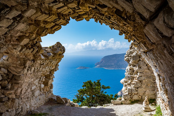View from ruins of a church in Monolithos castle, Rhodes island, Greece - obrazy, fototapety, plakaty