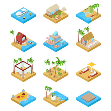 Beach Vacation Collection with Bungalow, Boat and Villa Suit. Tropical Resort. Isometric vector flat 3d illustration