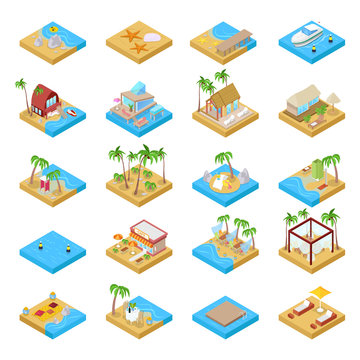 Beach Vacation Collection with Bungalow, Boat, Palm Trees and Tropical Elements. Isometric vector flat 3d illustration