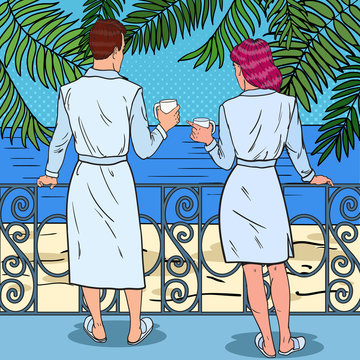 Tropical Paradise. Happy Couple Drinking Coffee at the Balcony of Beach Hotel. Pop Art Vector illustration