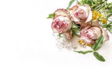 Bouquet of pink roses with leaves of clover and wild flowers on white background
