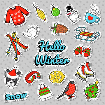 Hello Winter Doodle with Christmas Decoration - Snowman, Ski and Sweater. Vector badges, patches and stickers