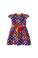 Isolated baby purple summer dress with a pattern of white polka dots and red cherries
