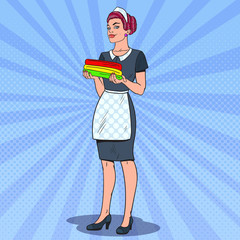 Female Chambermaid Holding Clean Towels. Hotel Cleaning Service. Pop Art vector illustration