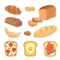 different breads and bakery products vector illustrations. Buns for breakfast. set bake food and toast isolated.