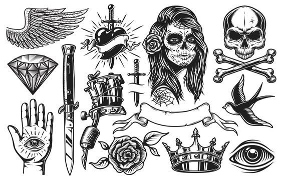 Set of vintage black and white tattoo elements isolated on white background
