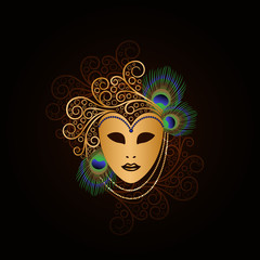 golden mask with peacock feathers