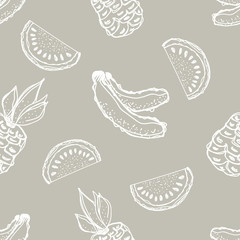 Seamless vector pattern. Hand drawn fruits illustration of banana, pineapple, watermelon Line drawing. Print for wallpaper, background, surface, fabric, decor