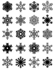 Set of different black snowflakes on a white background