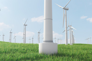 3d illustration, turbine on the grass. Concept alternative electricity source. Eco energy, clean Energy