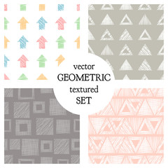 Set of seamless vector geometrical patterns with different geometric figures, forms. pastel endless background with hand drawn textured geometric figures. Graphic vector illustration