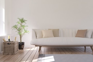 White modern room with sofa. Scandinavian interior design. 3D illustration