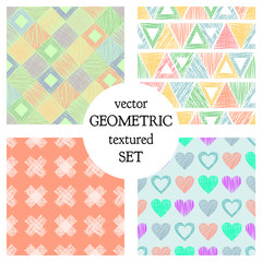 Set of seamless vector geometrical patterns with different geometric figures, forms. pastel endless background with hand drawn textured geometric figures. Graphic vector illustration